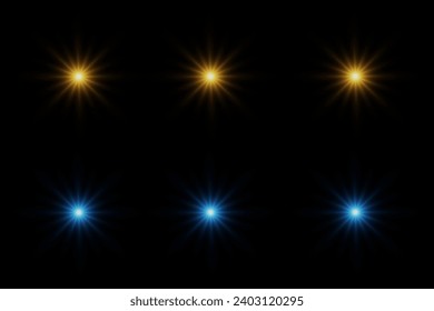 Set of highlights. Flashes of rays of light. The effect of glow, radiance, shine. Collection of various glowing sparks, stars. On a black background.