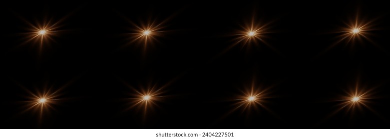 Set of highlights. Flashes of rays of light. The effect of glow, radiance, shine. Collection of various glowing sparks, stars. On a black background.