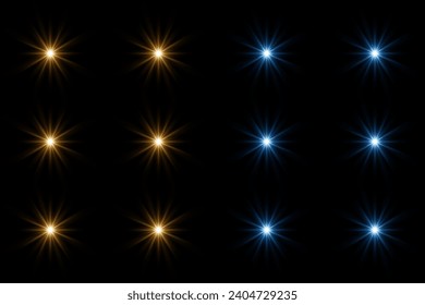 Set of highlights. Flashes of rays of light. The effect of glow, radiance, shine. Collection of various glowing sparks, stars. On a black background.