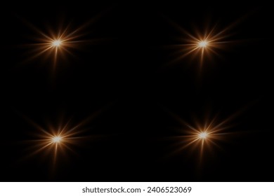 Set of highlights. Flashes of rays of light. The effect of glow, shine, shine. Collection of various glowing sparks, stars.