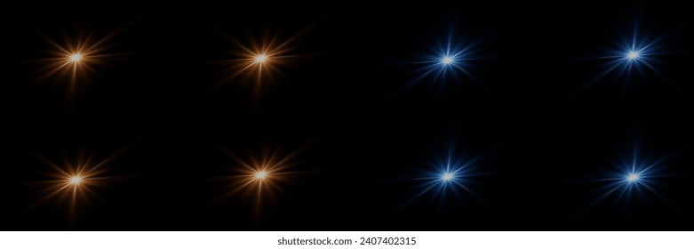 Set of highlights. Flashes of rays of light. The effect of glow, radiance, shine. Collection of various glowing sparks, stars. On a black background.	
