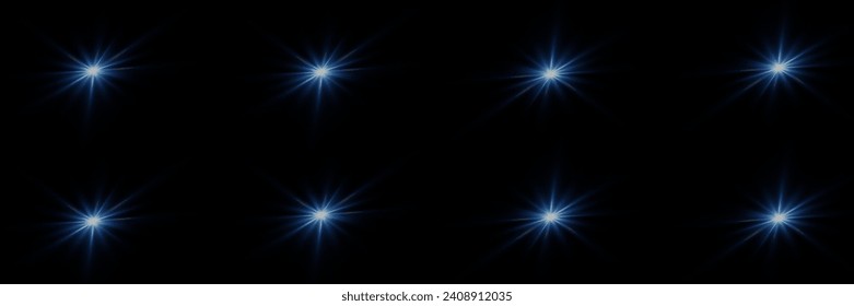 Set of highlights. Flashes of rays of light. The effect of glow, radiance, shine. Collection of various glowing sparks, stars. On a black background.
