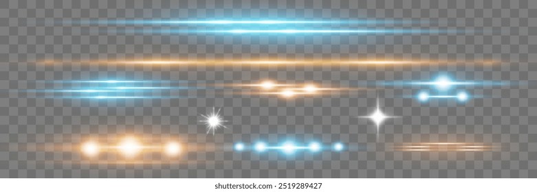 Set of highlights. Laser horizontal light beams. Yellow and blue special effects. Glowing abstract sparkling background.