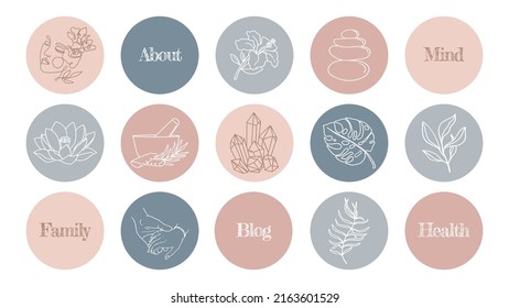 Un conjunto de elementos destacados en tonos naturales simples iconos azules y beige para un blog sobre cosméticos, medicina y salud mental.