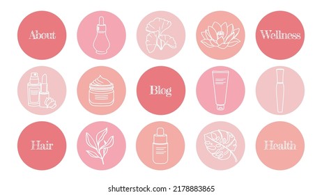A set of highlights natural shades simple pink icons for a blog about cosmetics, medicine and mental health.