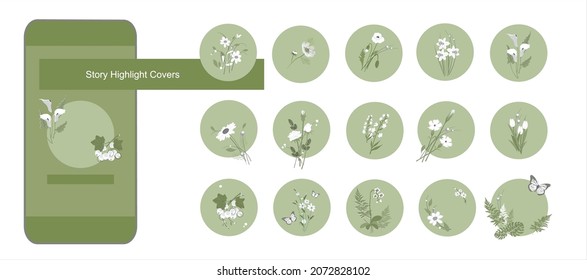 Set of Highlights Stories Covers. Editable cute hand-drawn icons for social media with images of beautiful flowers on green background. Vector icons. 