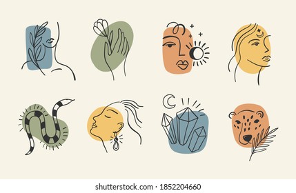 Un conjunto de historias destacadas para los medios sociales. Composición vectorial de moda con rostros y alquimia, signos bohemios. Elementos de colores cálidos para el blog comercial o sitio web. 