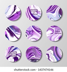 Set of highlights, trendy abstract liquid circles with marble texture. Vector Fluid circle for sticker, cover, icon.  Vector badge for shop in social media, stories layout,