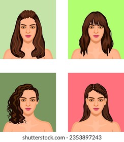 A set of highly detailed female portraits. Brunette women with long hairstyles. Collection of avatars.