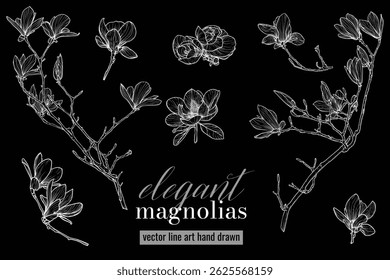 Set of highly detailed flowers. Trendy botanical elements. Hand drawn line leaves, stems and blooming. Wedding elegant peonies for invitation, save the date, card. White vector line art hand drawn.