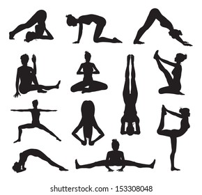 A set of highly detailed high quality yoga or pilates pose silhouettes