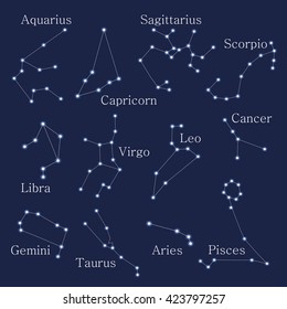 Set of highly detailed zodiac constellations. Zodiac icons. Freehand drawing. Isolated vector illustration.