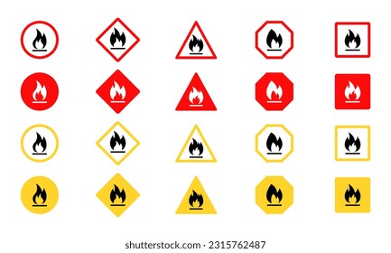 Conjunto de signos vectoriales altamente inflamables. Sustancia inflamable. Peligro químico, gaseoso y tóxico. Símbolo de peligro rojo y amarillo.