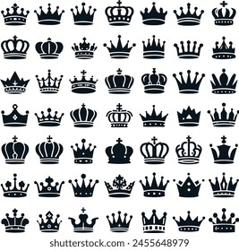 conjunto de iconos de corona de alta calidad silueta simple de conjunto de corona, Ilustración vectorial minimalista modernos y adornados diseños ceremoniales