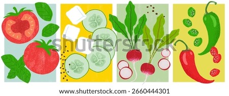 Set of high-quality, detailed vector food illustrations including whole and halved tomatoes, fresh basil leaves, cucumber slices, feta cheese cubes, whole and sliced radishes, and red and green chili 