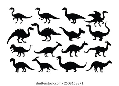 A set of high-quality dinosaur silhouette vector illustrations featuring iconic prehistoric creatures. Perfect for creating digital designs, crafting projects, and educational materials.