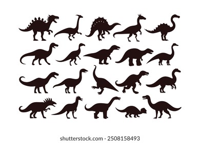 A set of high-quality dinosaur silhouette vector illustrations featuring iconic prehistoric creatures. Perfect for creating digital designs, crafting projects, and educational materials.