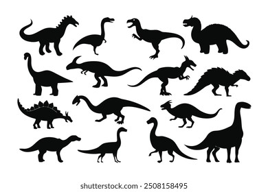 A set of high-quality dinosaur silhouette vector illustrations featuring iconic prehistoric creatures. Perfect for creating digital designs, crafting projects, and educational materials.