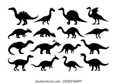 A set of high-quality dinosaur silhouette vector illustrations featuring iconic prehistoric creatures. Perfect for creating digital designs, crafting projects, and educational materials.