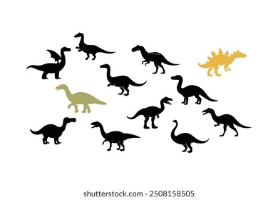 A set of high-quality dinosaur silhouette vector illustrations featuring iconic prehistoric creatures. Perfect for creating digital designs, crafting projects, and educational materials.