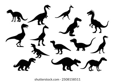 A set of high-quality dinosaur silhouette vector illustrations featuring iconic prehistoric creatures. Perfect for creating digital designs, crafting projects, and educational materials.