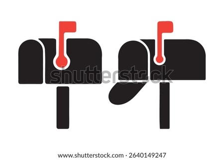 A set of high-quality mailbox icons depicting open and closed states, with a flag indicating new mail. Ideal for email or postal applications.