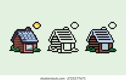 Un conjunto de ilustraciones de pixel art de alta calidad que muestran la progresión de una acogedora cabaña de madera, incluida una versión de line art, una versión de color plano y una versión final completamente sombreada. Perfecto para activos de juego, diseño de interfaz de usuario o proyectos de temática retro.