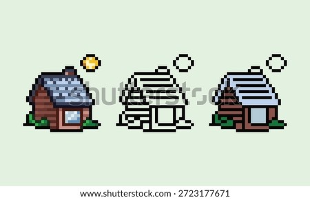 A set of high-quality pixel art illustrations showing the progression of a cozy log cabin, including a line art version, a flat color version, and a fully shaded final version. Perfect for game assets, UI design, or retro-themed projects.