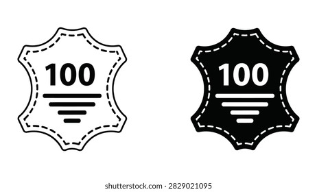 A set of high-quality vector icons depicting a premium 100 percent leather label rendered in both outline and solid black styles. These icons are ideal for fashion branding product packaging and leather goods retail.
