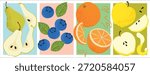 Set of high-quality vector illustrations featuring autumn fruits, including pear, blueberry, orange, and yellow apple. Clean, modern style suitable for packaging, branding, food labels, posters, seasonal designs, and digital or print projects. Isolated elements with fresh, natural look.