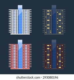 Set of high-rise residential buildings in flat style. Vector