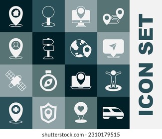 Establecer tren de alta velocidad, Localización con persona, Infografía de la navegación de mapas de la ciudad, Monitor de marcador de ubicación, Señal de tráfico por carretera, casa y el icono del globo. Vector