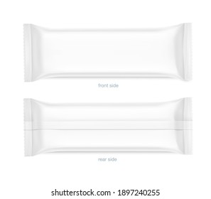 Set of hight realistic flow packaging mockups. Front and rear side. Vector illustration isolated on white background. Can be use for your design, promo, adv and etc.	