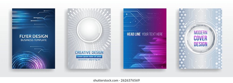 Set of high-tech abstract flyer templates featuring circuit boards, hexagonal elements, radial lines and glowing highlights. Ideal for technology events, digital presentations and futuristic concepts.