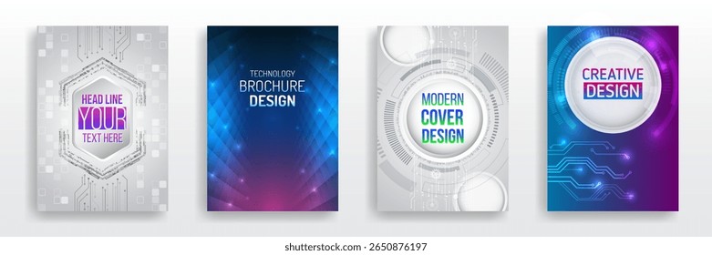 A set of high-tech cover designs for brochures, flyers and templates. Includes futuristic, high-tech elements, digital circuits and glowing gradients for business, technical and creative presentations
