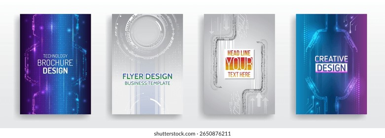 A set of high-tech cover designs for brochures, flyers and templates. Includes futuristic, high-tech elements, digital circuits and glowing gradients for business, technical and creative presentations