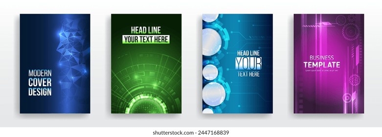 Set of high-tech covers for marketing. Modern technology design for posters. Futuristic background for flyer, brochure. Scientific cover template for presentation, banner.