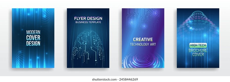 Set of high-tech covers for marketing. Modern technology design for posters. Futuristic background for flyer, brochure. Scientific cover template for presentation, banner.