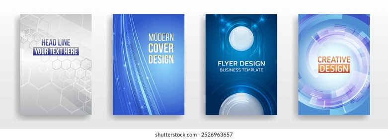 Conjunto de capas de alta tecnologia para marketing. Design tecnológico moderno para cartazes. Fundo futurista para folheto, folheto. Modelo de capa científica para apresentação, faixa. Layout de página definido para ficção científica.