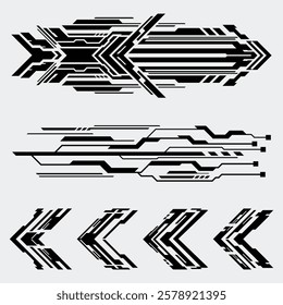 A set of high-tech, cyber-inspired arrow and circuit designs featuring bold black geometric lines, creating a digital and futuristic aesthetic.