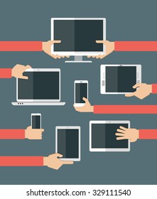 Set of high-tech devices. Vector illustration. Flat design illustration of hands holding different computer and communication devices.