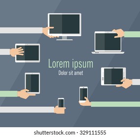 Set of high-tech devices. Vector illustration. Flat design illustration of hands holding different computer and communication devices.