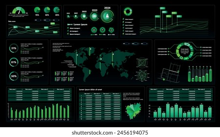 Un conjunto de componentes de interfaz de alta tecnología. La pantalla de panel Electrónica muestra gráficos abstractos e información de Vectores, infografías y otros Elementos.