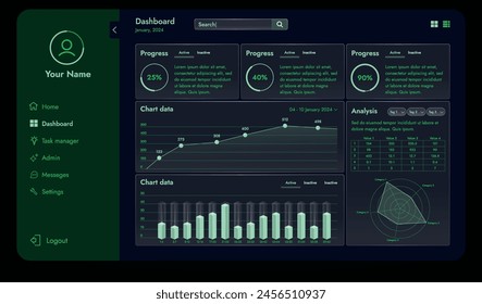 Un conjunto de componentes de interfaz de alta tecnología. La pantalla de panel Electrónica muestra gráficos abstractos e información de Vectores, infografías y otros Elementos.