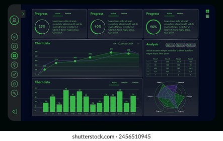 A set of high-tech interface components. Electronic panel display displays abstract graphics and information from vector graphics, infographics and other elements.