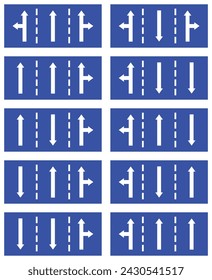 Setzen Sie das Straßenschild Blue Traffic Schild Three Line Road gegenüber der geraden Richtung Rechts oder Links abbiegen Primited Pfeil. Obligatorische Informationen Route Coution Symbol Sammlung für Web Mobile isoliert Weiß