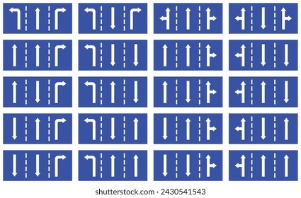 Setzen Sie das Straßenschild Blue Traffic Schild Three Line Road gegenüber der geraden Richtung Rechts oder Links abbiegen Primited Pfeil. Obligatorische Informationen Route Symbol Sammlung für Web Mobile isoliert weißer Hintergrund