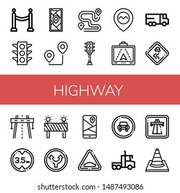 Set of highway icons such as Barrier, Traffic light, Gps, Route, Lorry, Slippery road, Highway, Height limit, Straight, Hump, Traffic sign, Traffic cone 