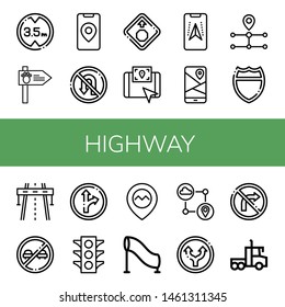 Set of highway icons such as Height limit, Road sign, Gps, No turn, Stop sign, Route, Highway, No overtaking, Traffic sign, Traffic light, Tunnel, Straight, No turn right , highway