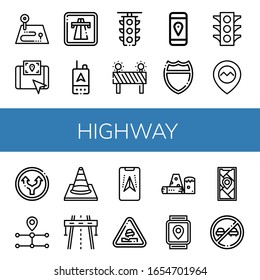Set of highway icons. Such as Route, Gps, Highway, Traffic light, Barrier, Straight, Traffic cone, Pothole, Obstacle, No overtaking , highway icons